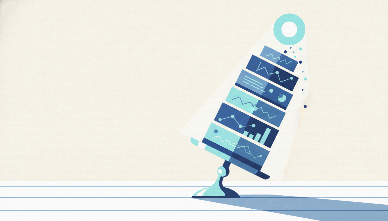 A teetering, impossibly tall slice of layered cheesecake leans dangerously on a silver stand over a white tablecloth.