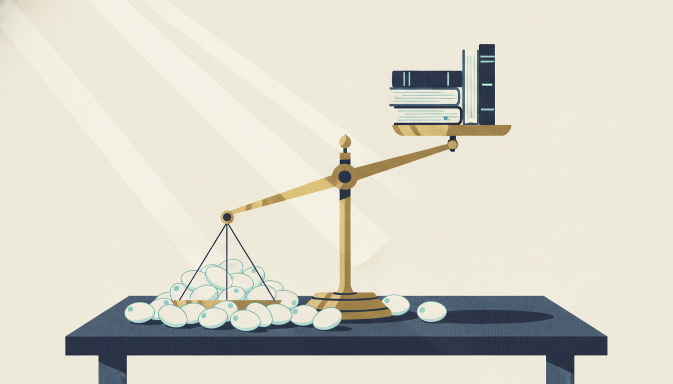 A brass scale tips under an overflowing pile of white eggs, counterbalanced by a stack of ledger books.
