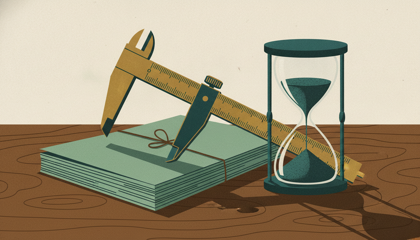 A brass caliper rests on a tied paper dossier next to a dark hourglass on an executive wood desk.