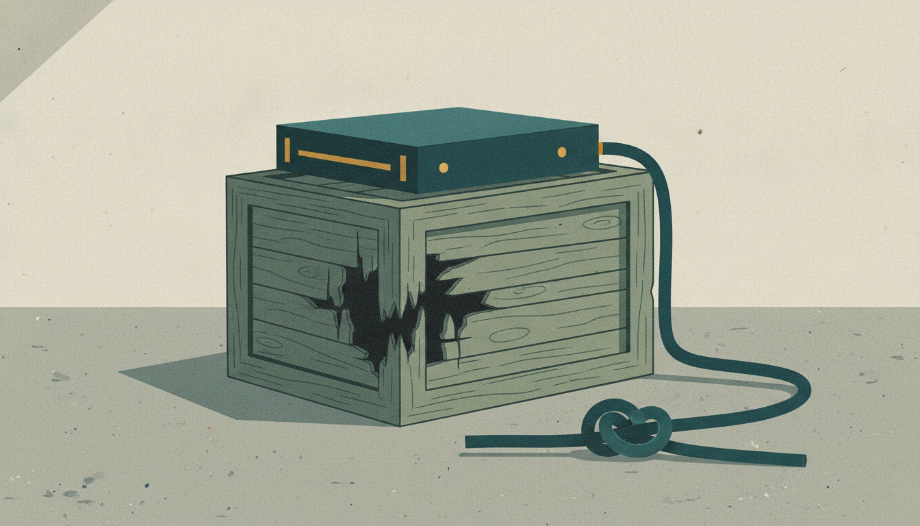A sleek server unit precariously balances on a rotting, splintered wooden crate in a dimly lit office.