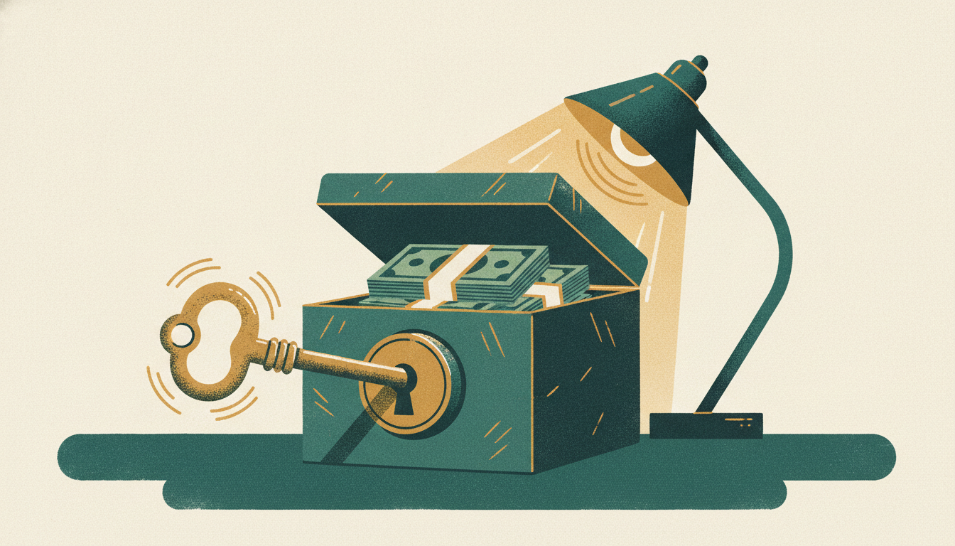 A worn brass key unlocks a heavy steel box filled with banded stacks of cash on a dark wooden desk.