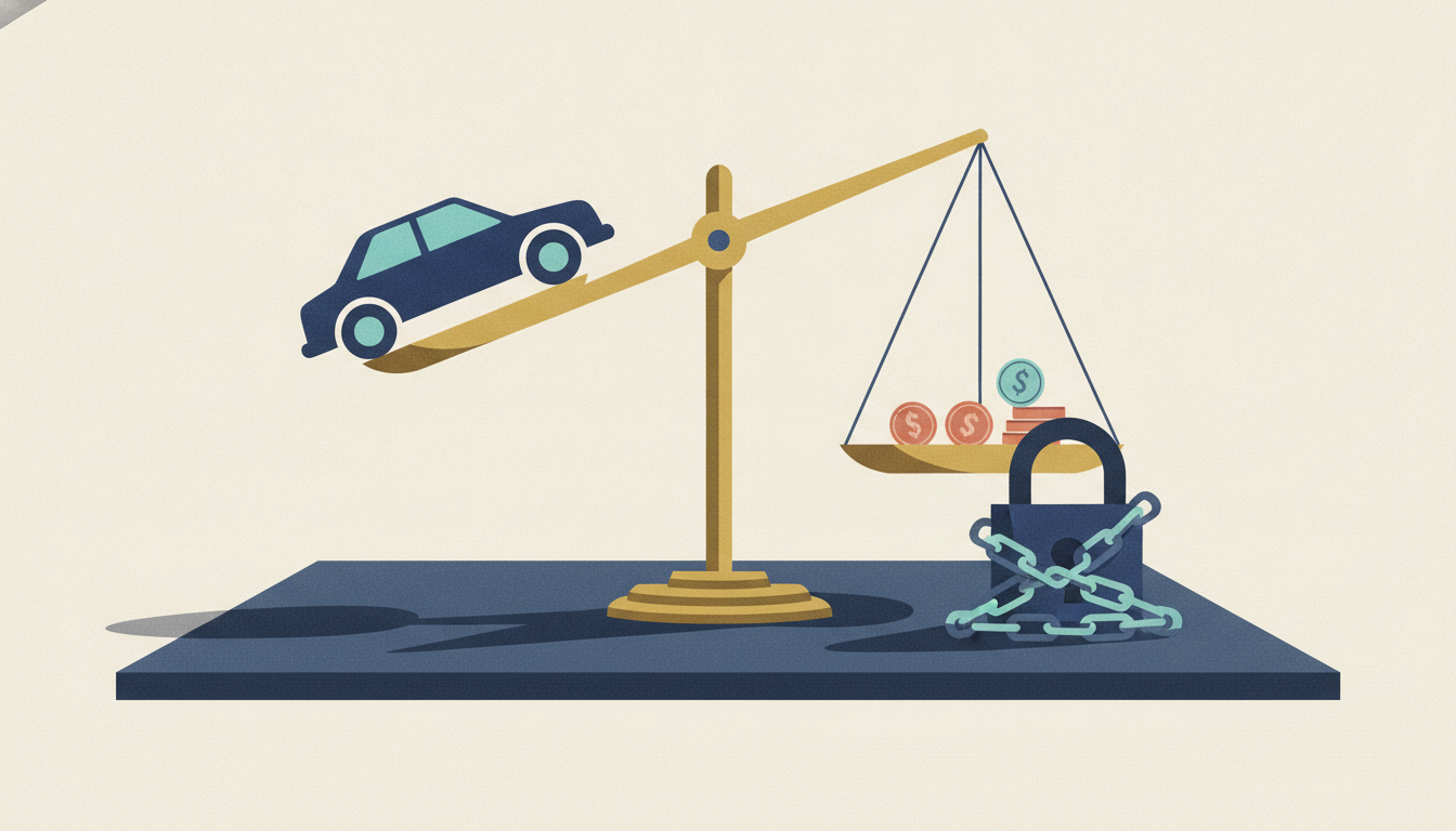 A detailed model car tilts high on an unbalanced brass scale opposite three small coins on a dark slate table.