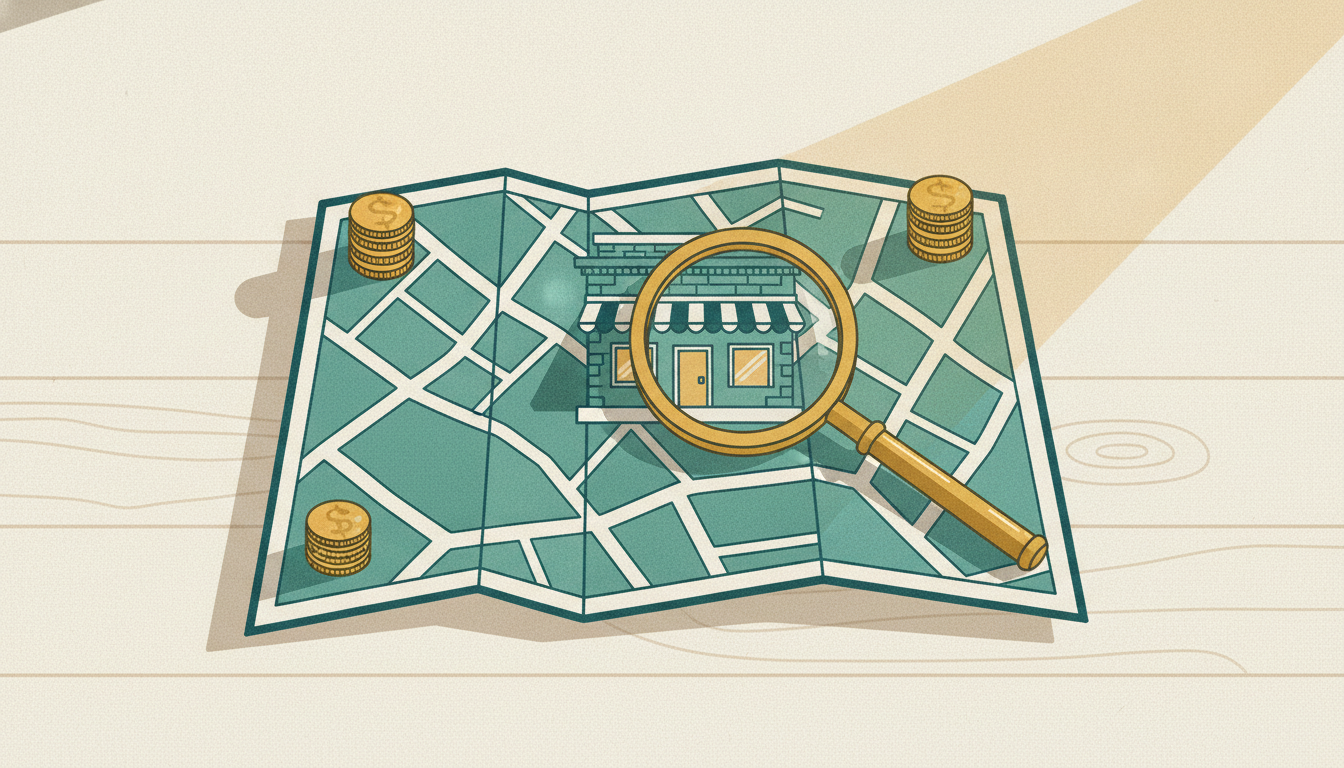 A brass magnifying glass highlights a miniature brick storefront resting on a neighborhood map anchored by coins.