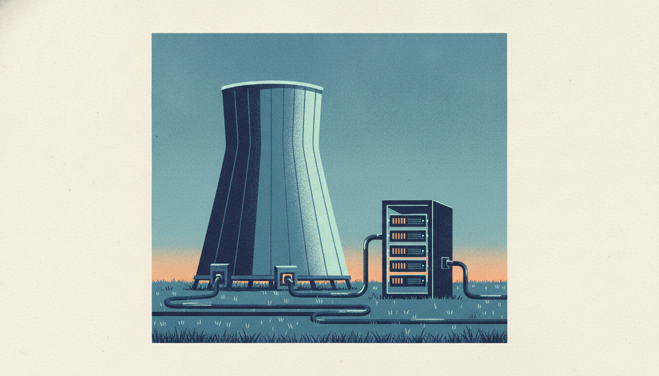Thick electrical cables stretch across a grassy field to connect a concrete nuclear cooling tower directly into a server rack.