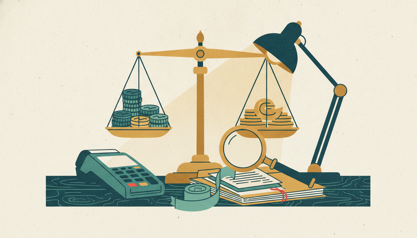 A brass magnifying glass pins down paper tape beside a payment terminal and a thick manila file folder.