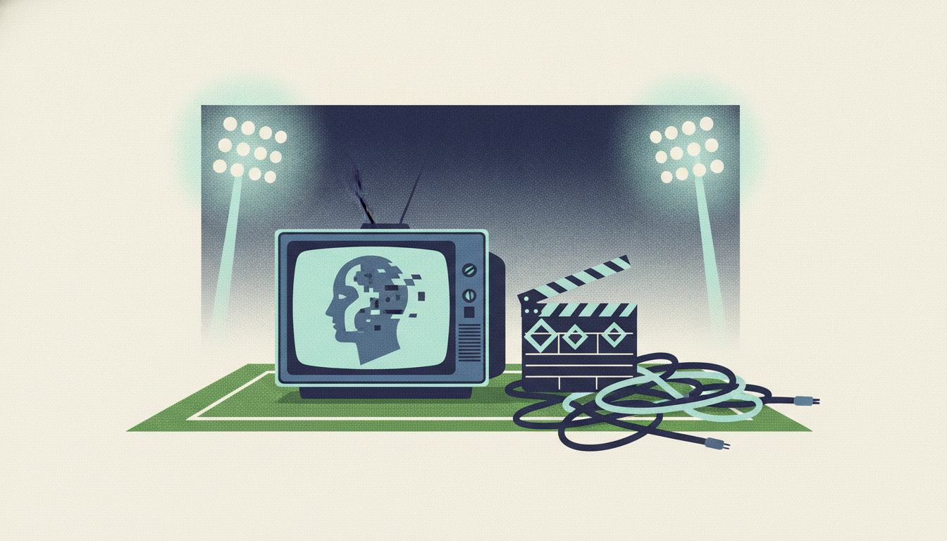 A television monitor sits on football turf beside a film clapperboard and broadcast cables under stadium lights.