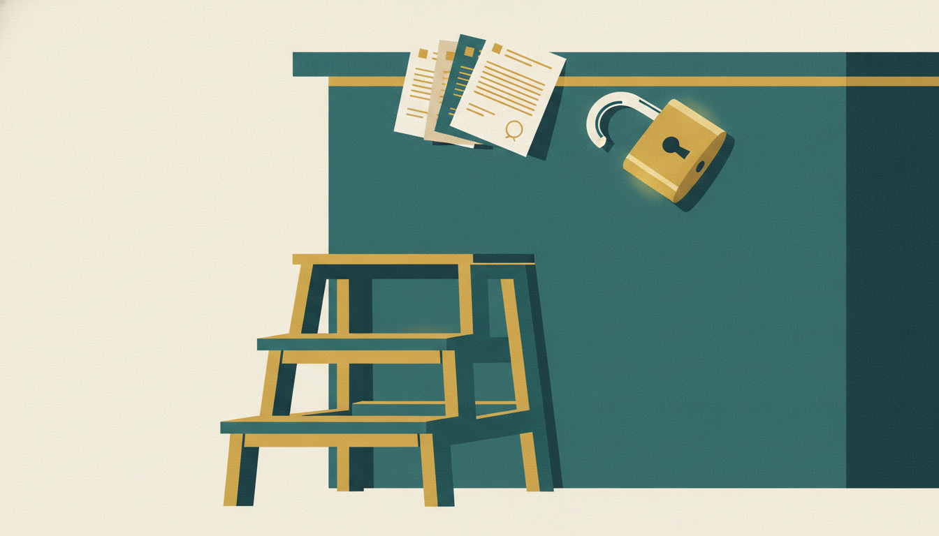 A wooden step stool sits before a high counter displaying fanned agreements and an unlocked padlock.