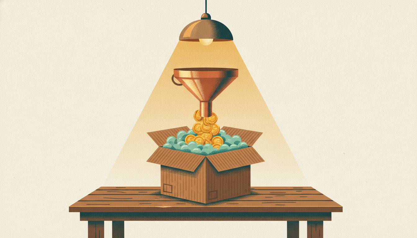 A cardboard shipping box on a wooden workbench being filled with gold coins poured through a copper funnel.