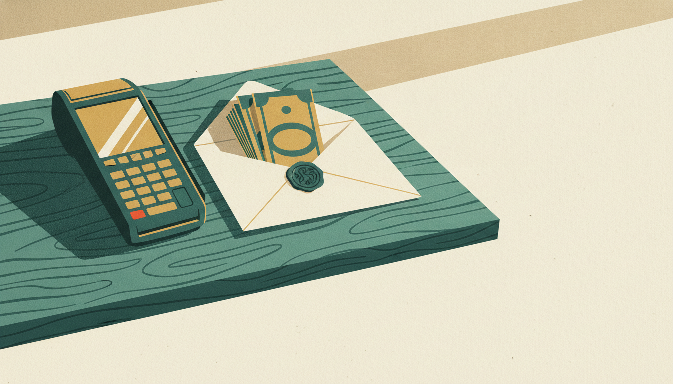 A wax-sealed envelope filled with banknotes sits beside a digital payment terminal on a sunlit wooden counter.