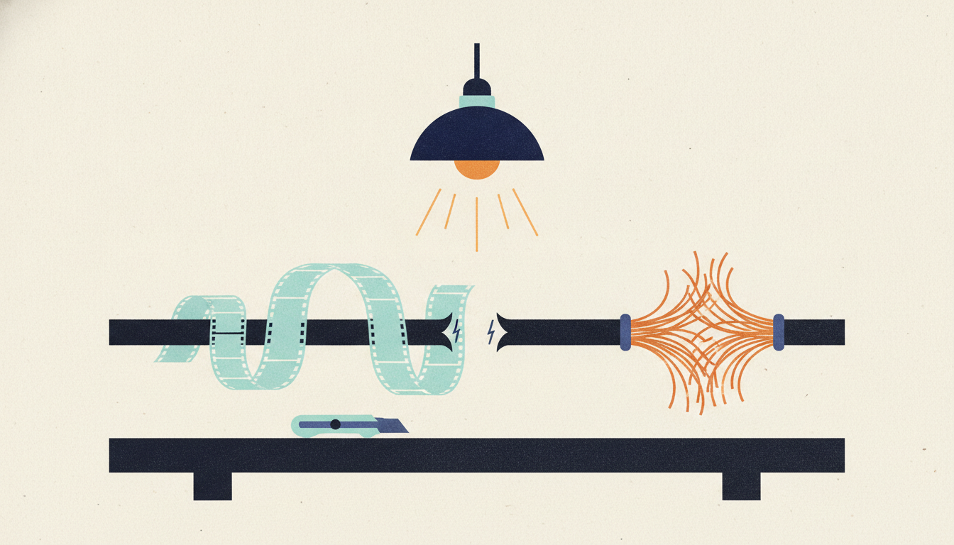 A black cable sliced open on a workbench splits into celluloid film ribbons on one side and copper wire on the other.