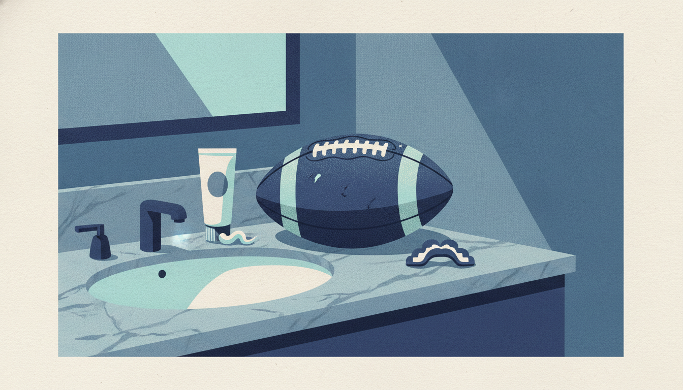 A leather football rests on a polished marble counter next to an uncapped tube of toothpaste and a mouthguard.