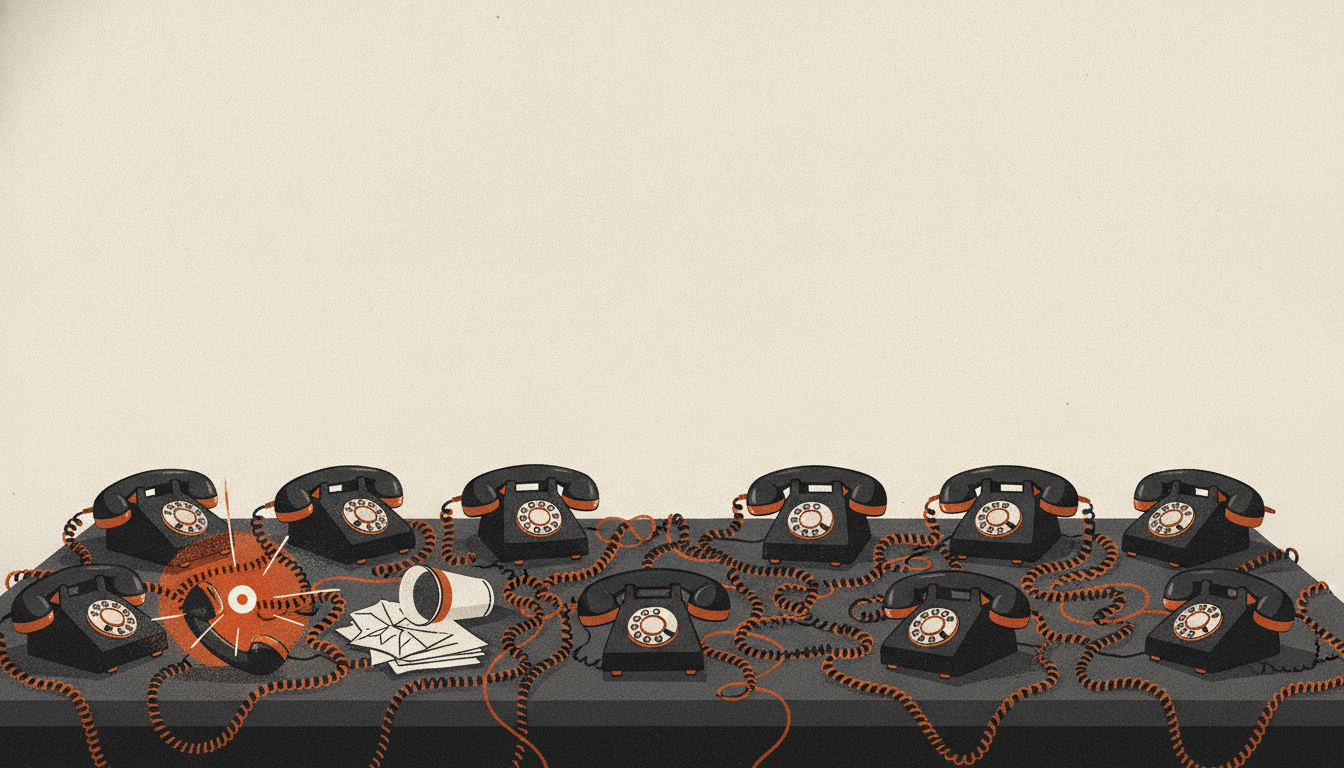 A dimly lit desk cluttered with a tangled web of black telephone cords and glowing landline phones.