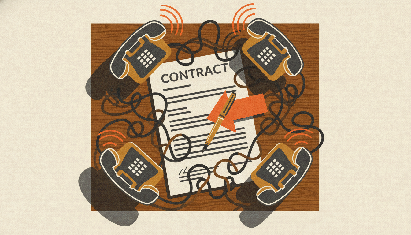 Tangled office phone cords encircle a paper contract on a wooden desk as phone receivers vibrate off their bases.
