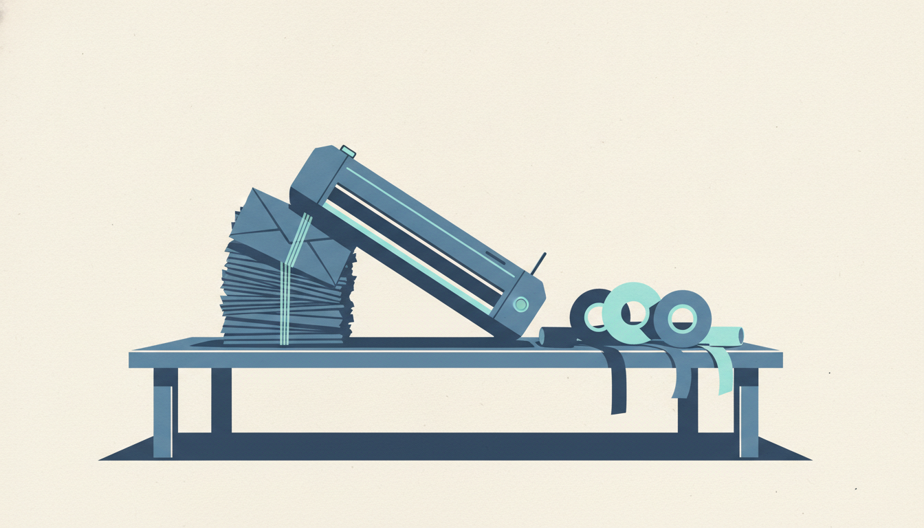 A desktop craft-cutting machine is propped up artificially on a workbench by a thick stack of tied envelopes.