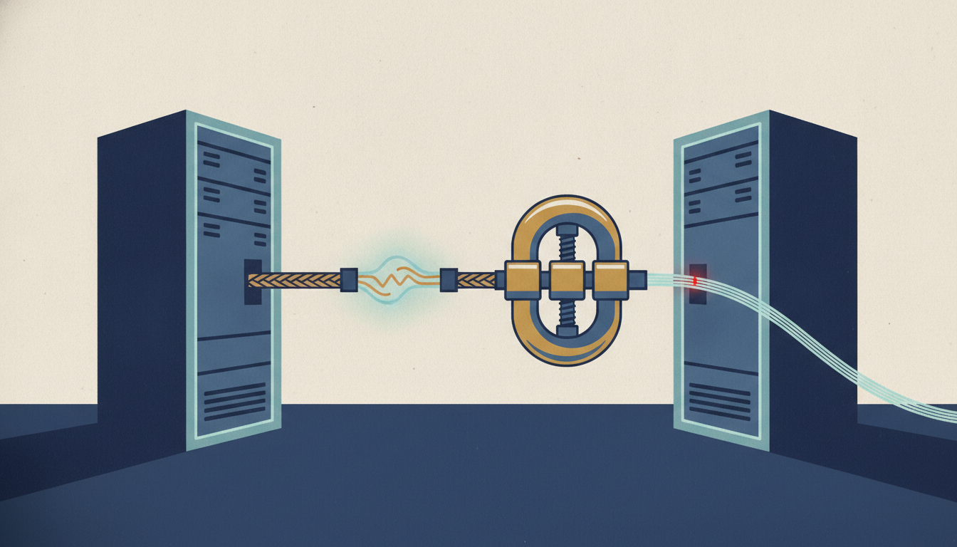 A heavy braided copper cable connects two server racks while a thin optical fiber beside it is pinched by a metal clamp.