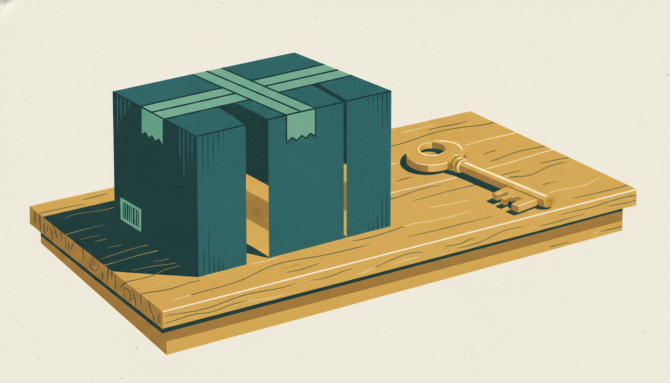 A cardboard shipping box cleanly sliced into four installments sits on a wooden counter beside a heavy brass key.
