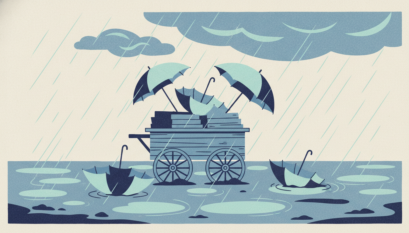 A wooden cart packed with umbrellas sits in the mud during a torrential downpour at an empty fairground.