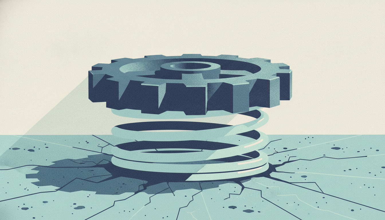 A heavy cast-iron gear completely compresses a steel spring flat against a cracked concrete floor.