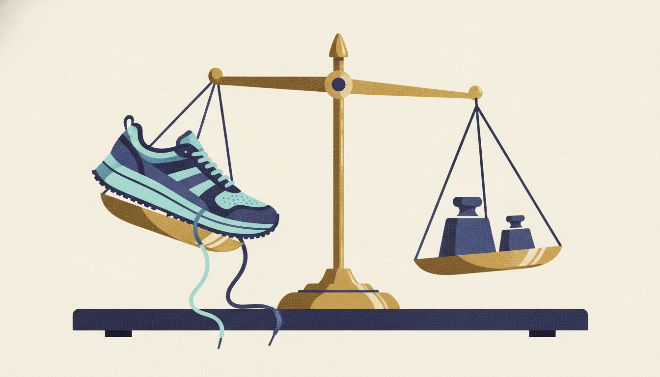 A thick-soled running shoe tips a brass balance scale downwards against iron counterweights on a dark desk.