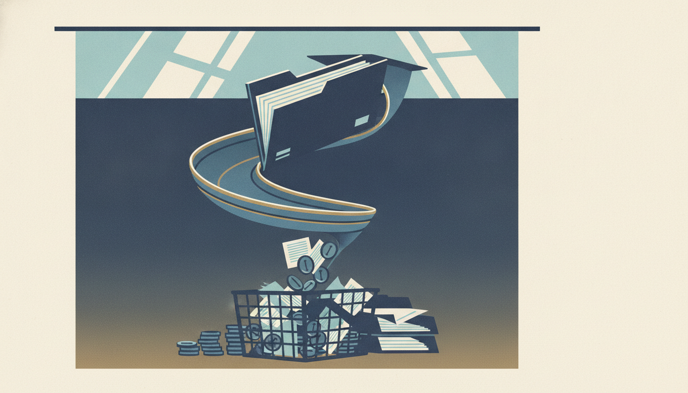 A manila folder slides down a brass mail chute from a bright desk into a dim wire basket surrounded by coins.