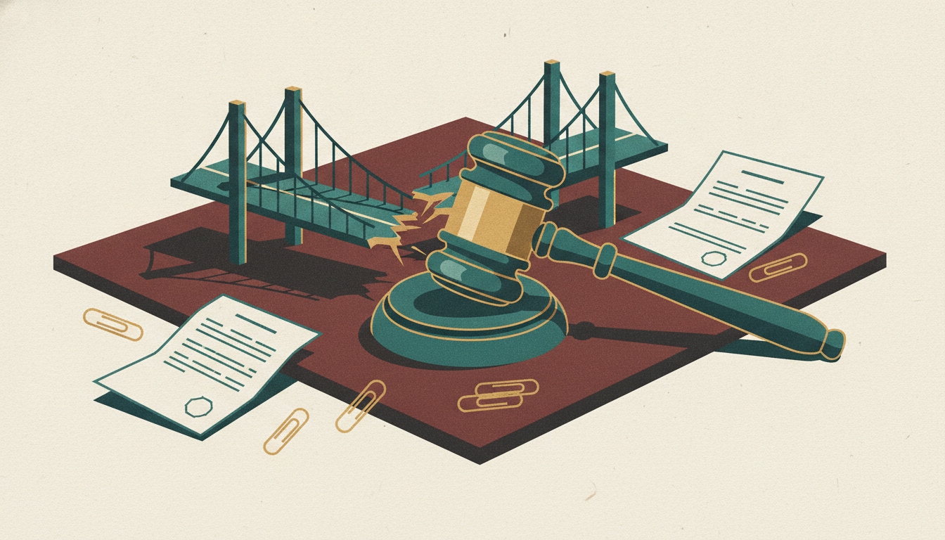 A small wooden model bridge lies snapped in half beneath the weight of a heavy gavel on a dark wooden desk.