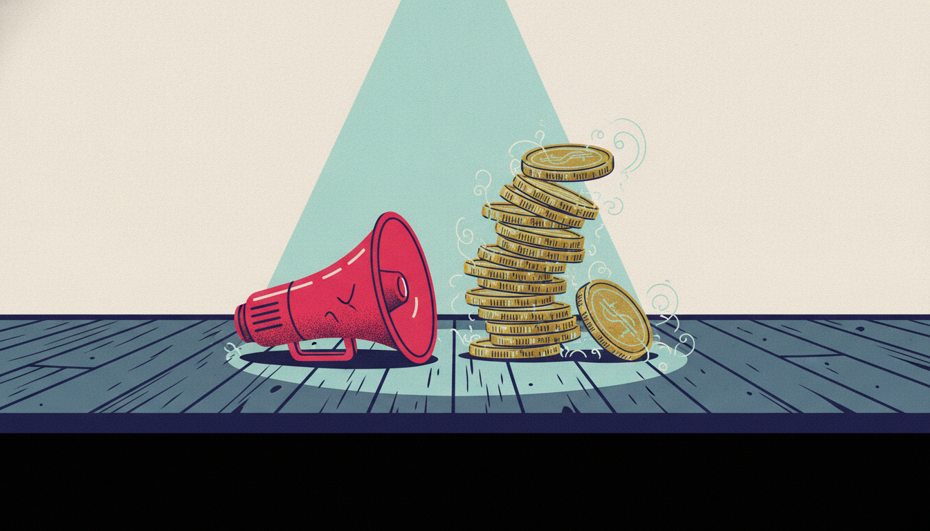 A dented red megaphone and a tipping stack of heavy brass coins sit on the edge of an empty, shadowed stage.