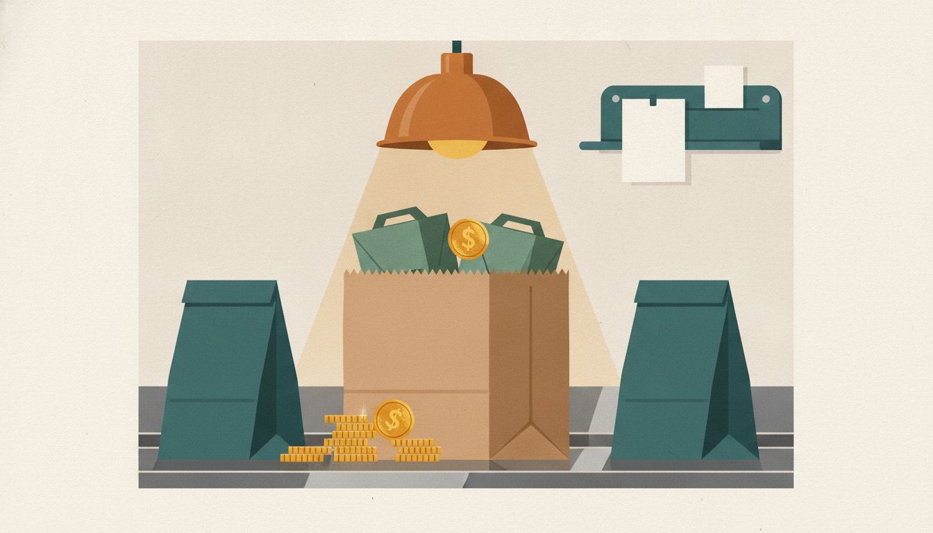 Stacks of gold coins nestle inside an open brown paper takeout bag under the warm glow of a kitchen heat lamp.