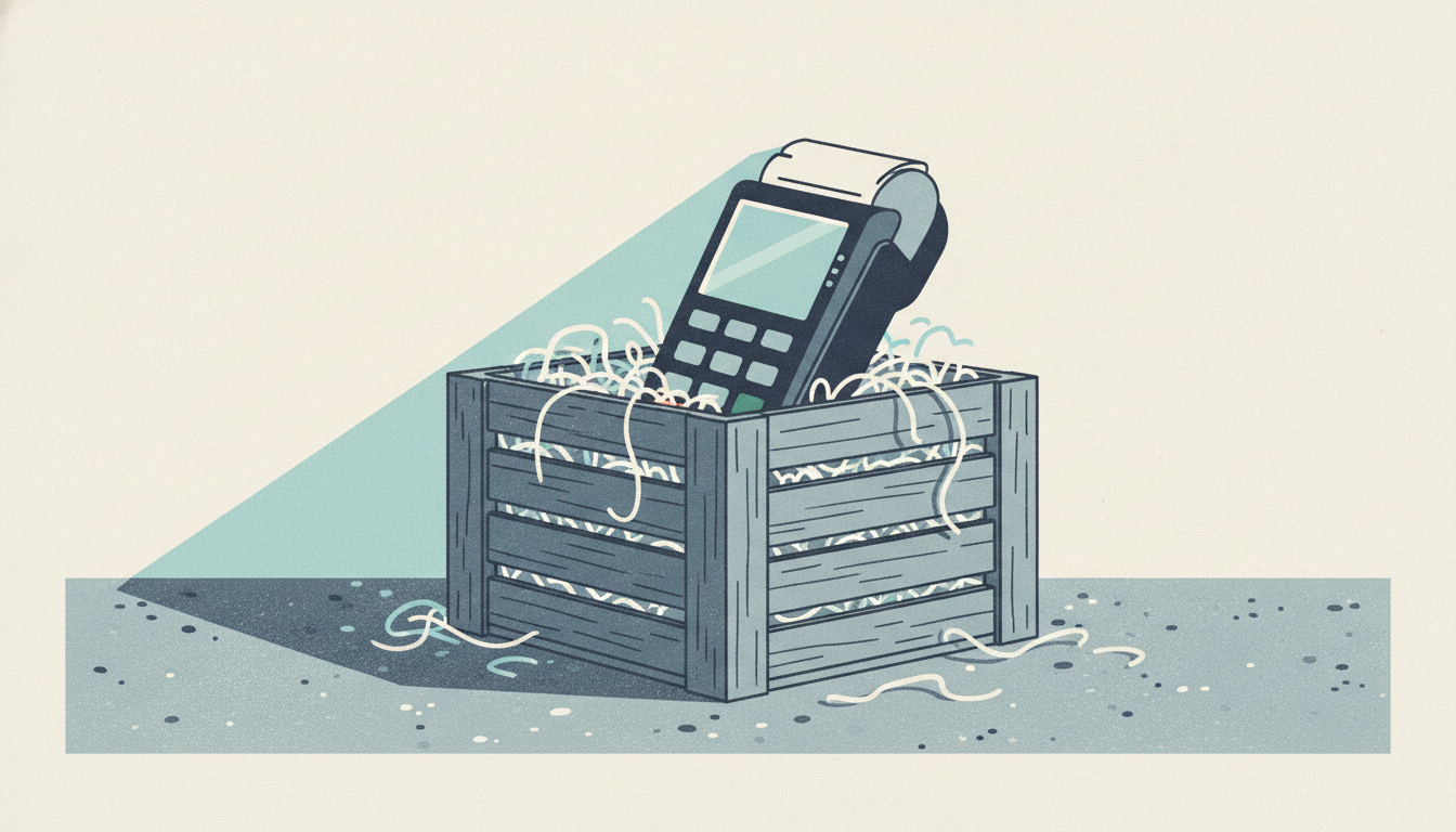 A sleek credit card terminal sits half-unpacked inside a rough wooden shipping crate on a concrete floor.