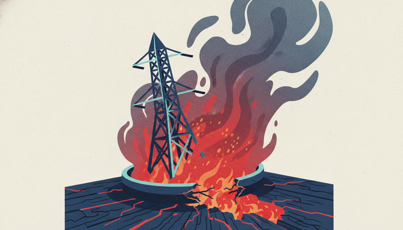 A miniature electrical transmission tower encircled by a cracked iron barrier overflowing with glowing red embers.