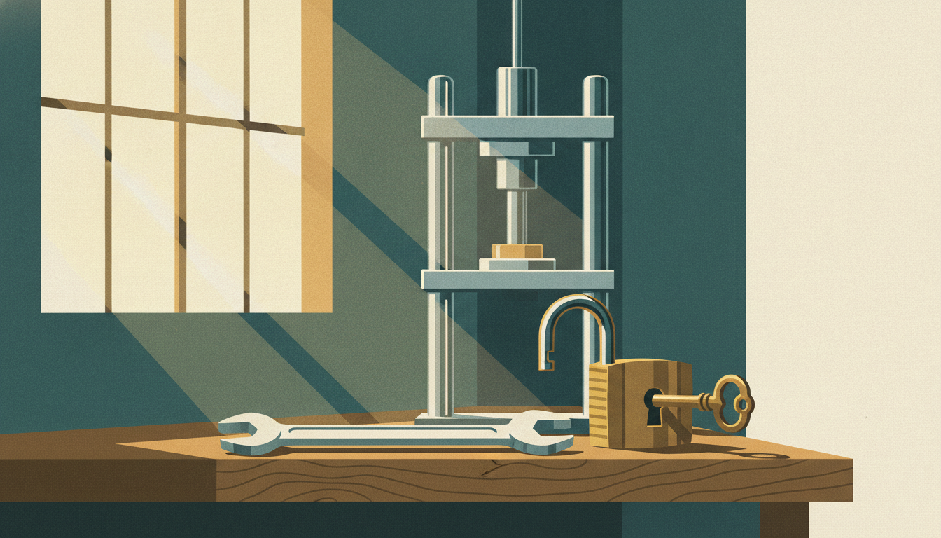 A chrome wrench rests next to an unlocked brass padlock on a workshop table beside heavy steel machinery.