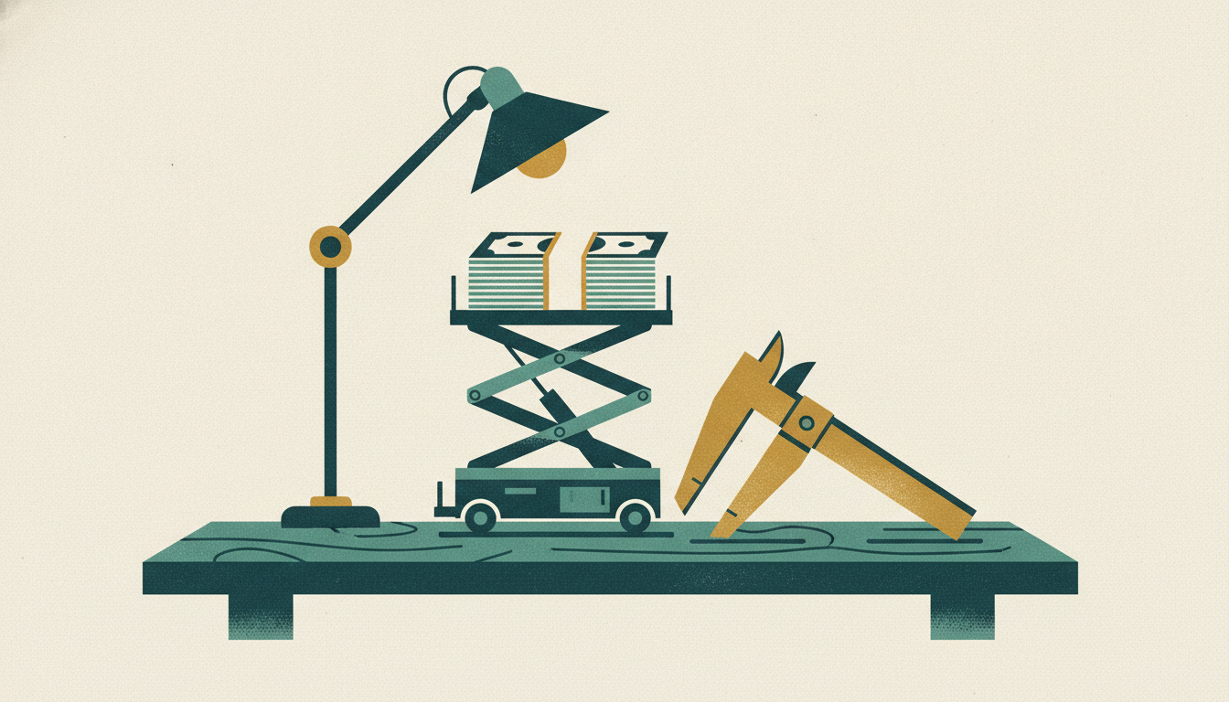 A miniature scissor lift raises a stack of cash on a workbench beside open brass calipers under an overhead lamp.