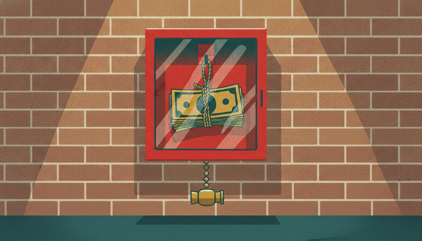 A red emergency wall box holds a thick stack of paper currency tied with twine beside a hanging brass hammer.