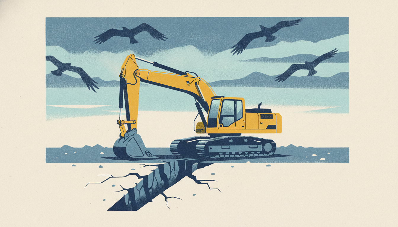 A yellow excavator sits on cracked, sloping earth in an empty lot under the shadows of circling birds.