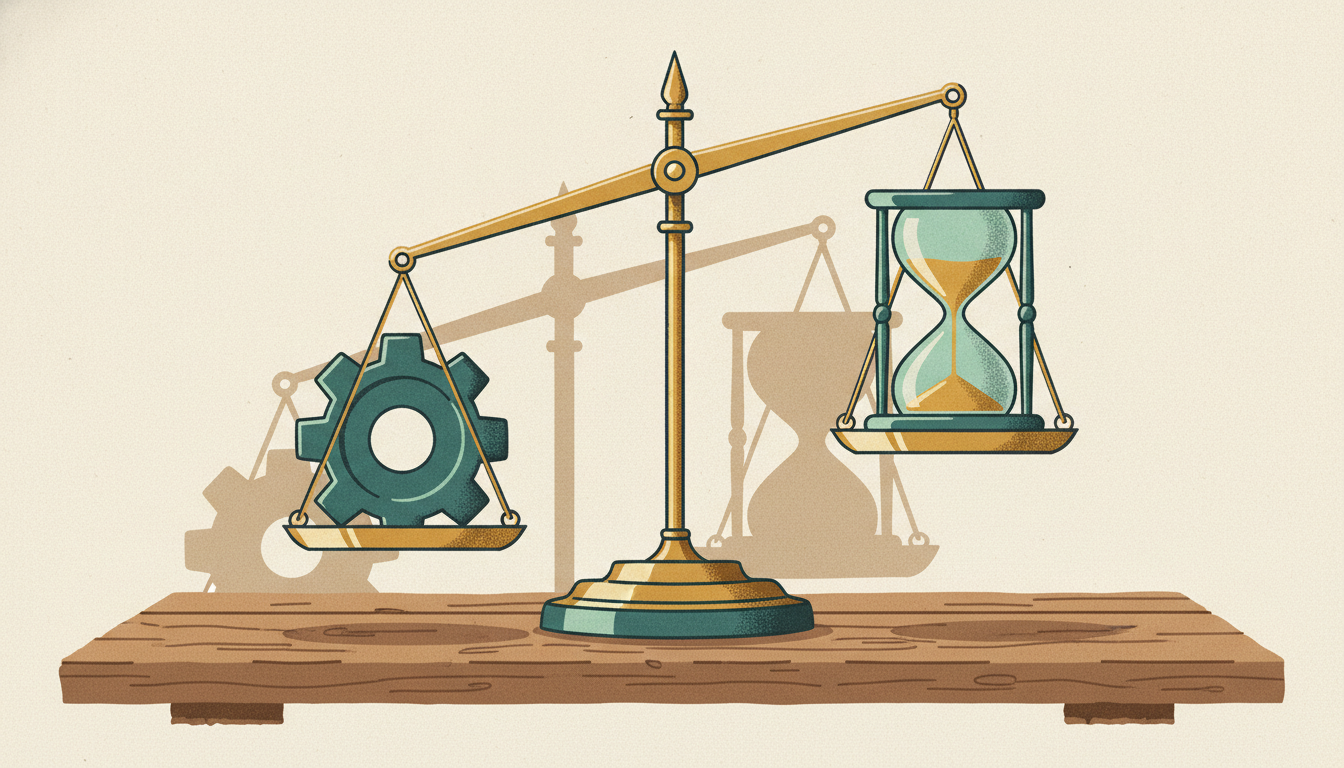 A brass balance scale weighs a solid steel gear against a running hourglass on a wooden workbench.