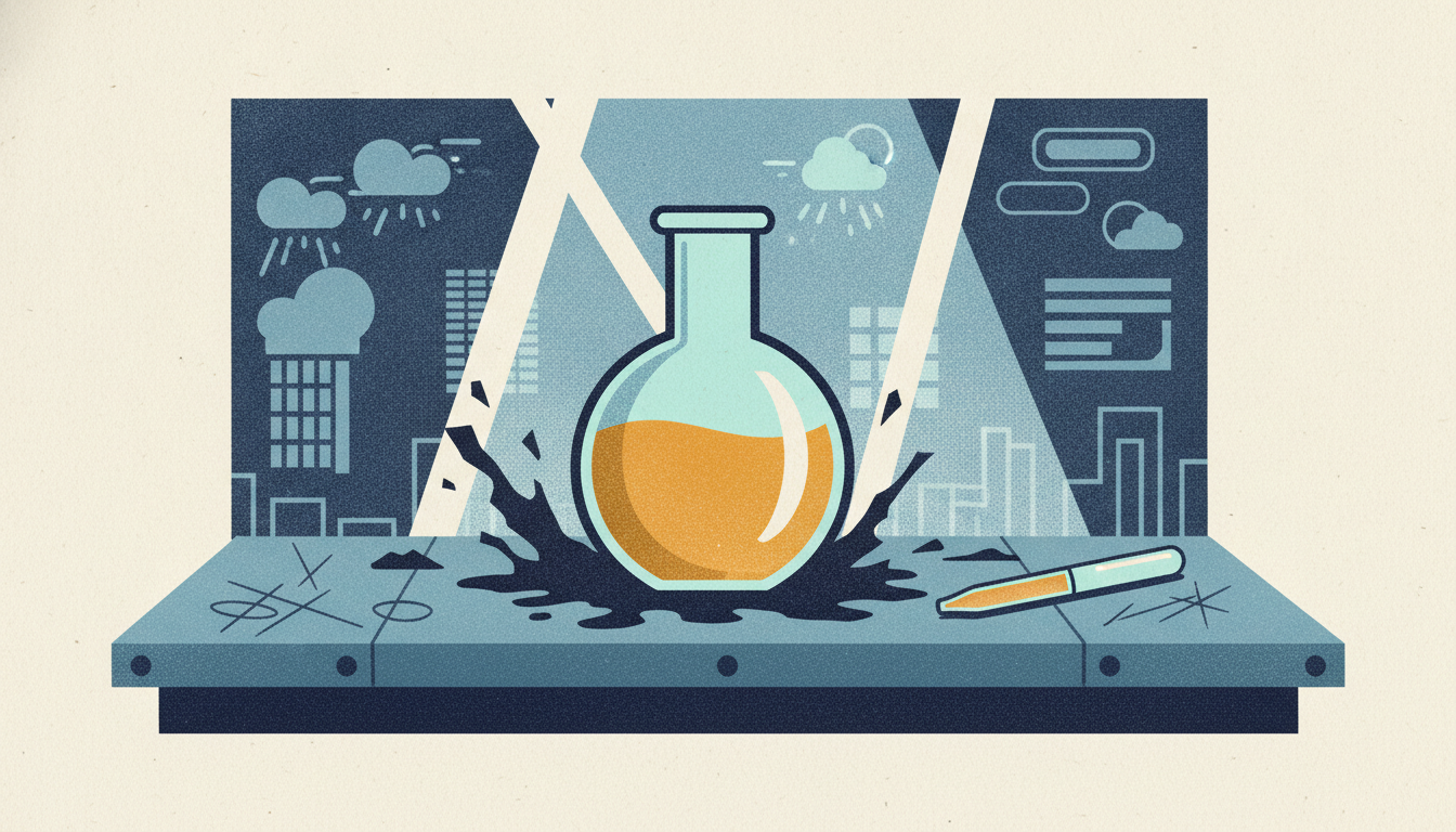 A glass laboratory flask filled with golden liquid stands clean on a steel table amid dried splatters of dark mud.