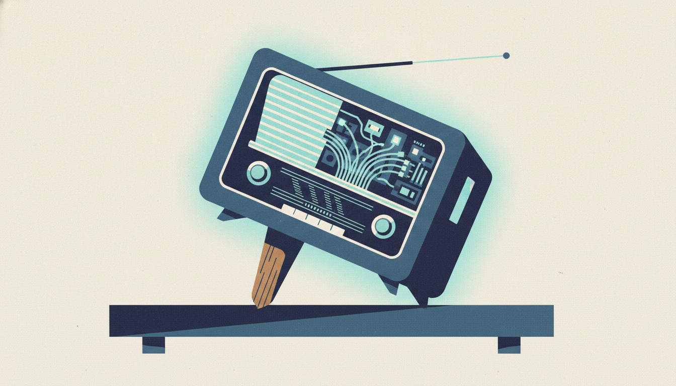 A vintage wood radio opens to reveal glowing digital circuits, balanced precariously on a single wooden peg.