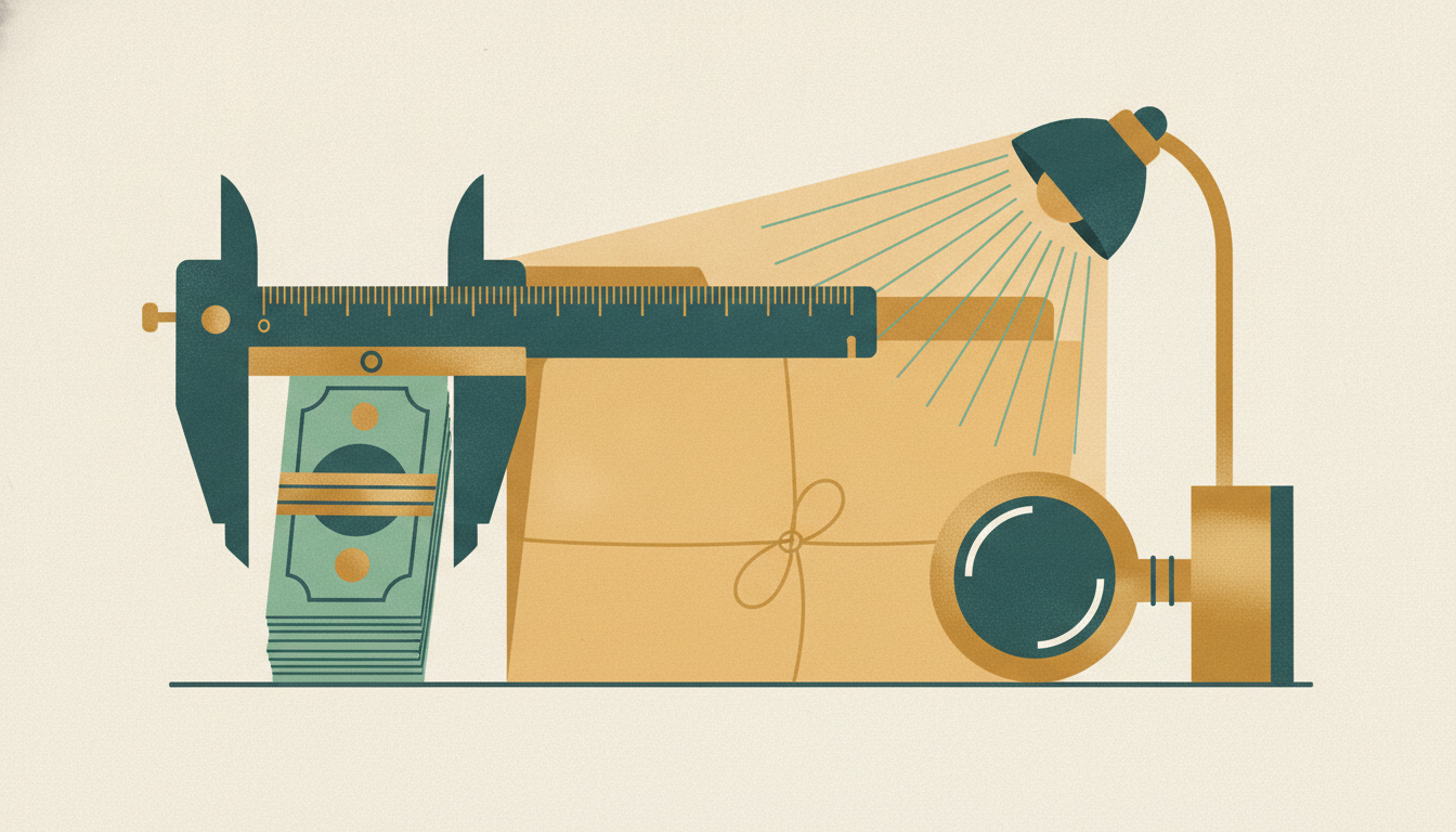 Brass calipers measure folded currency beside a thick manila folder and a jeweler's loupe under focused desk lighting.