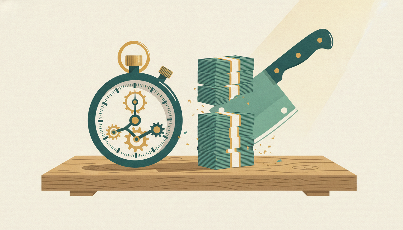 A mechanical stopwatch sits beside a tall stack of paper bills sliced cleanly in half on a wooden desk.