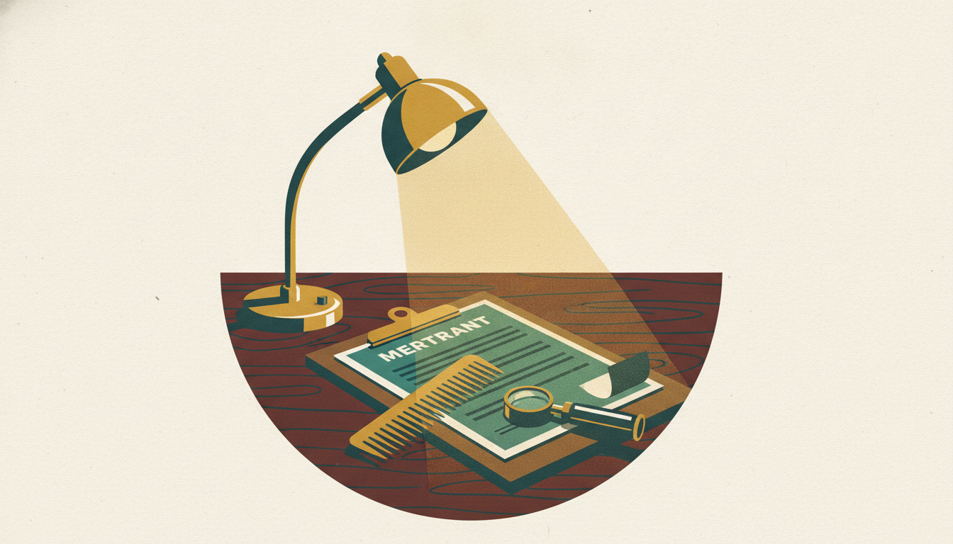 A merchant funding agreement lies beneath a desk lamp, examined with a fine-toothed brass comb and a jeweler's loupe.