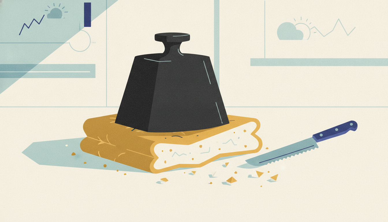 A loaf of sliced bread is crushed under a heavy iron weight on a wooden cutting board beside a serrated knife.