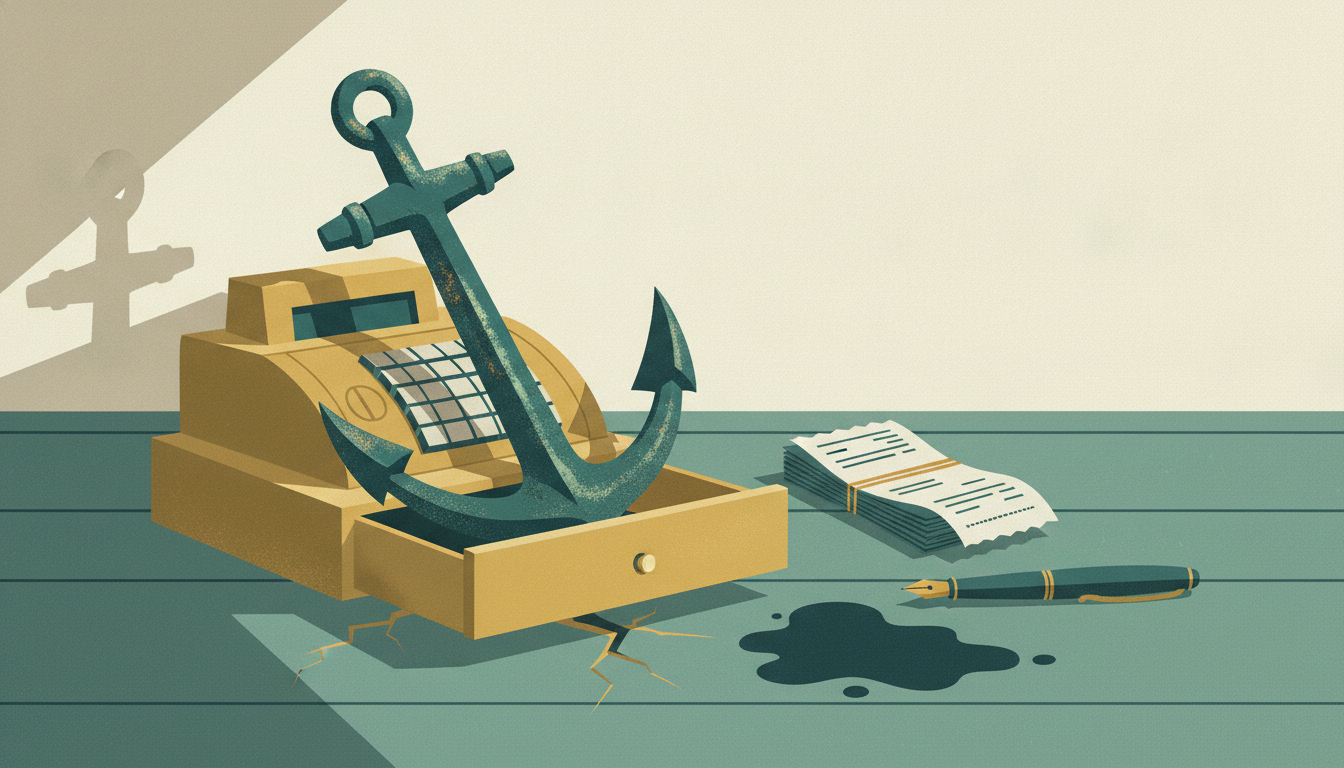 A heavy iron anchor weighs down the open cash drawer of a shop register on a bending wooden counter beside a stack of receipts.