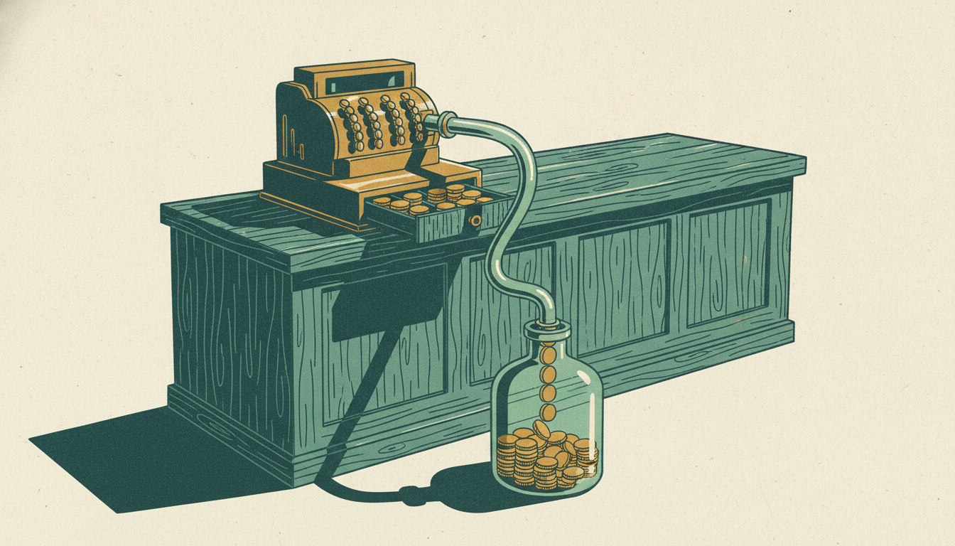 A clear siphon tube pulls coins from an open brass cash register into a glass jug beneath a wooden counter.