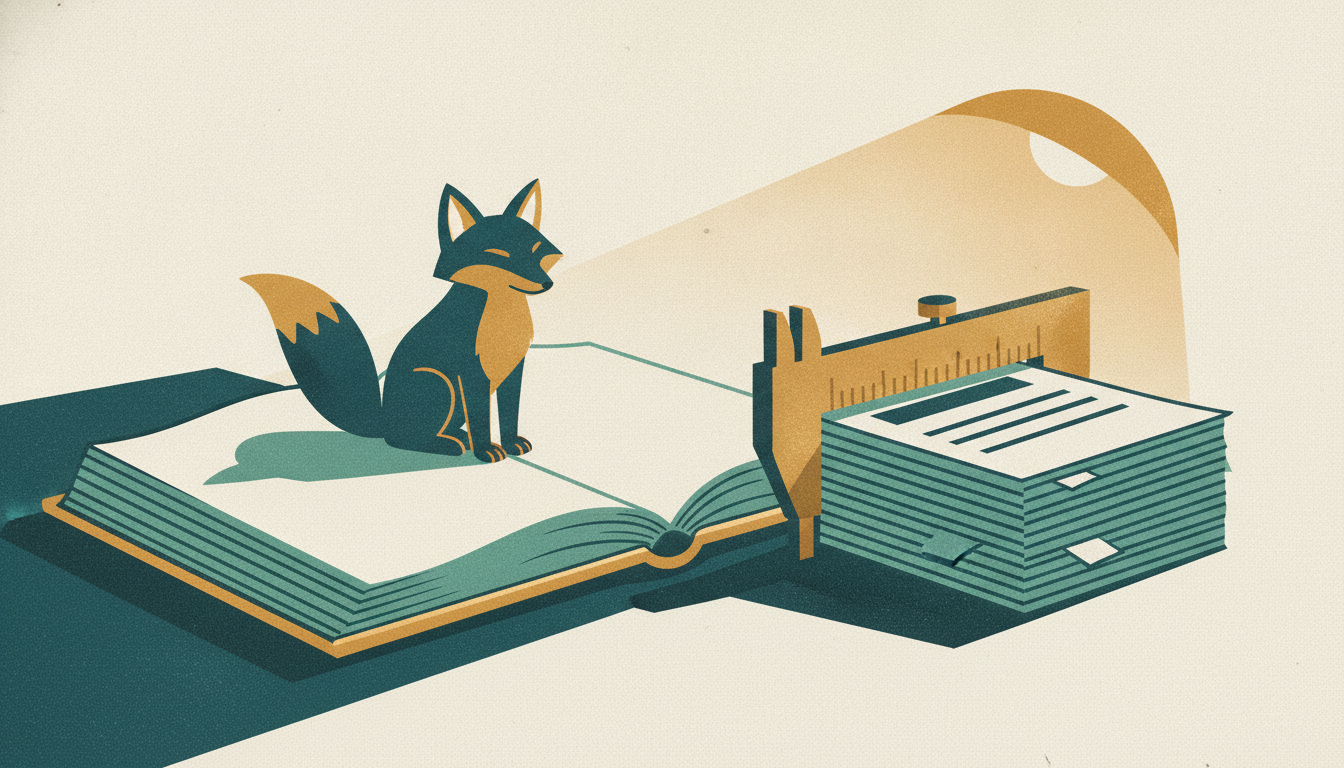 A carved wooden fox figurine perches beside a brass caliper measuring a thick stack of papers on a dark desk.