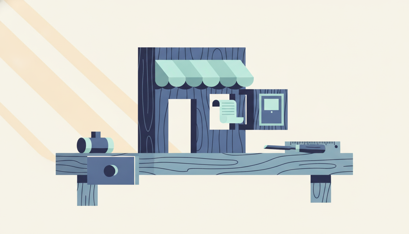 A mini wooden publishing module slides smoothly into a matching slot on a craft storefront model.