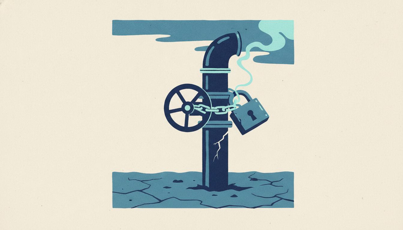 An industrial geothermal pipe locked with a heavy iron padlock releases a thin wisp of steam across cracked desert soil.
