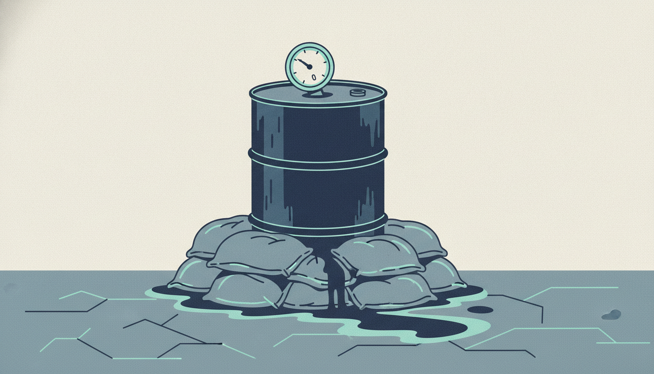 Burlap sandbags pile around a weathered industrial drum with a pressure gauge resting at zero on a cracked floor.