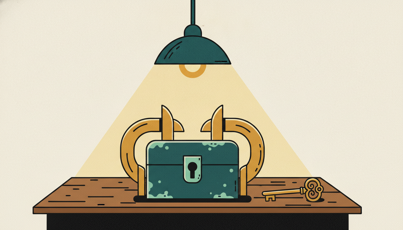 A small green lockbox on a desk is squeezed tightly by heavy brass calipers beside a solitary key.