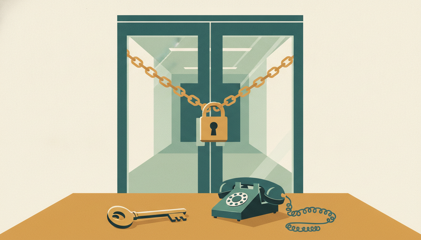 A single brass key sits on a bare desk in front of chained and padlocked office doors.