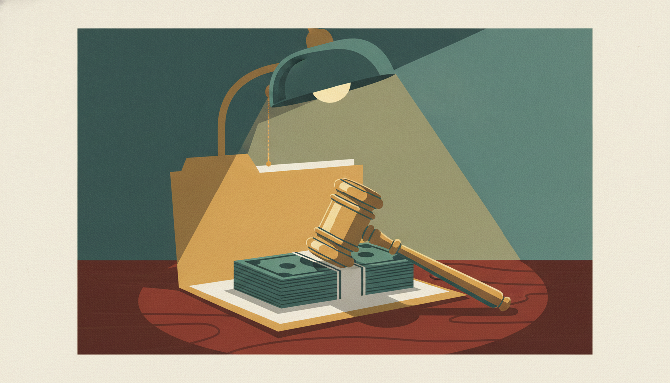 A stack of paper currency rests inside an open legal docket folder beneath a heavy brass gavel on a mahogany desk.