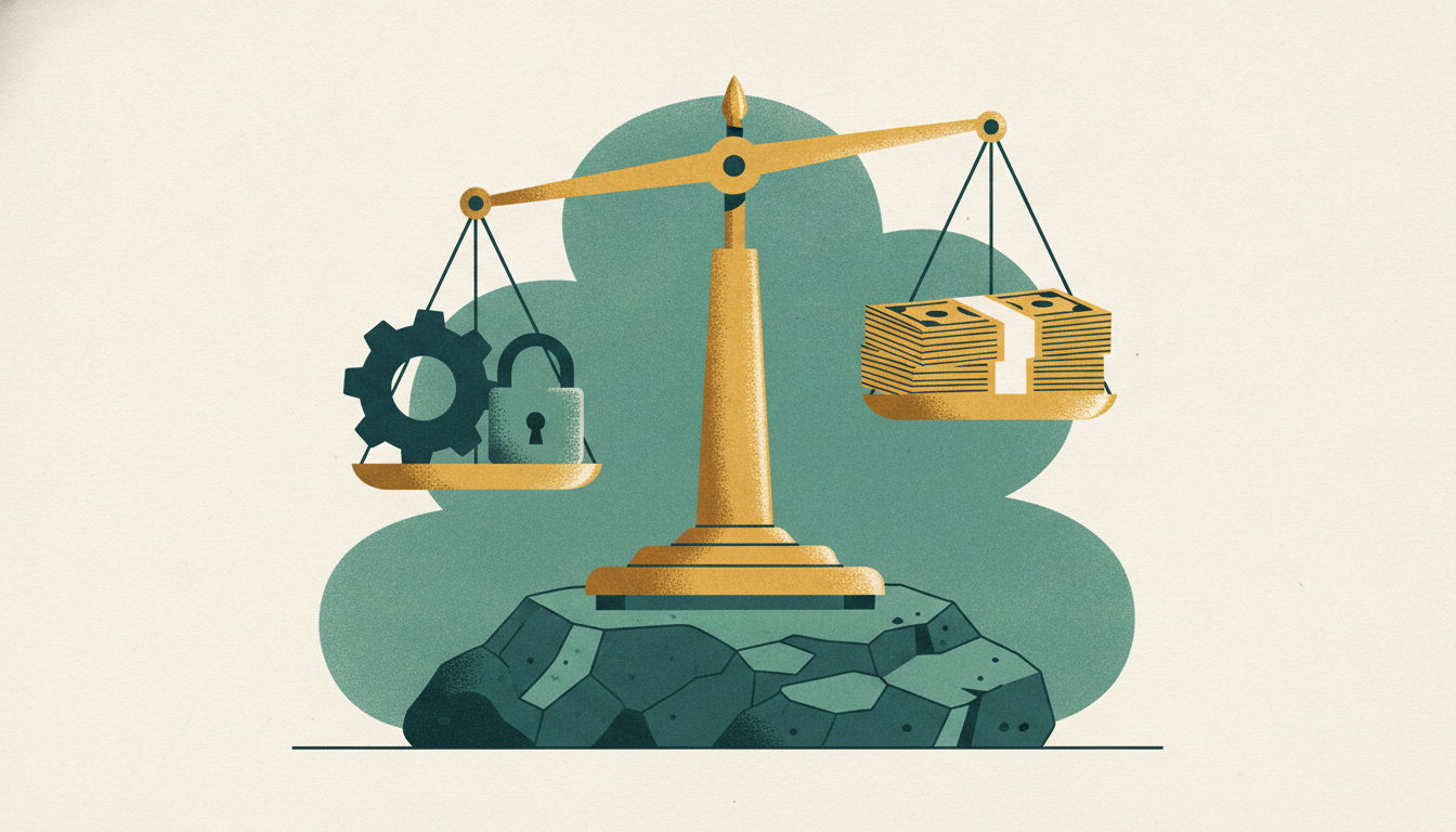 A brass balance scale rests on stone, weighing an iron gear against a tall stack of currency straps.